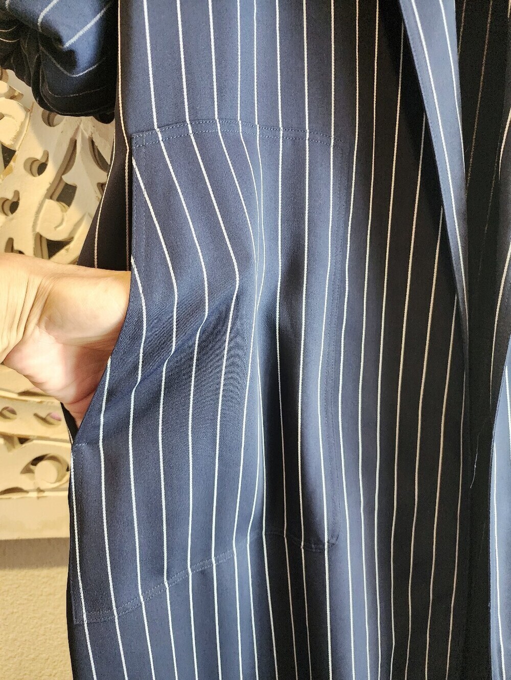 BABATON KAHlO ROBE NAVY WRAP JACKET STRIPES PATCH POCKETS RECYCLED MAYERIAL XXS - Picture 10 of 16